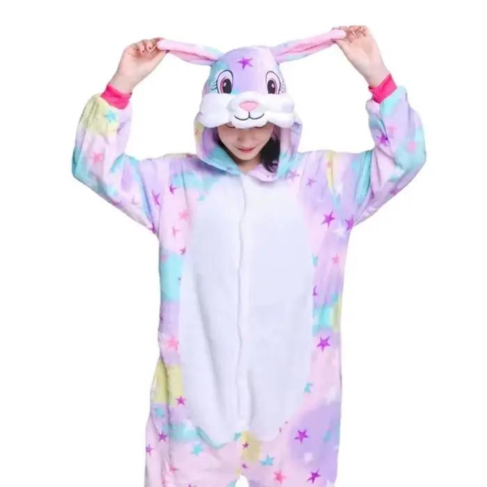 Pyjamas familiaux assortis en forme d'animaux, combinaisons lapin étoile arc-en-ciel avec chapeau, vêtements de nuit doux et confortables pour adultes et enfants filles