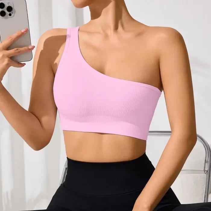 WANAYOU Soutien-gorge de yoga asymétrique à une épaule, sans couture, côtelé, coupe ajustée, pour le sport et l'entraînement en salle de sport, sans rembourrage, séchage rapide