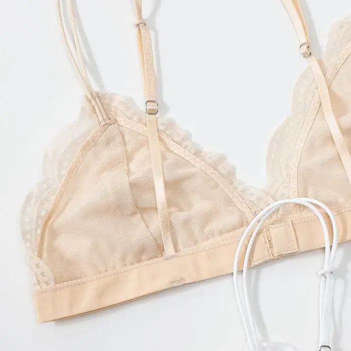 Soutien-gorge en dentelle pour femme, style français, lingerie à bonnets triangulaires pour filles, soutien-gorge sans armatures en V profond, sous-vêtements doux, fins et sans coutures
