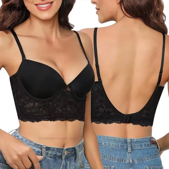 Soutien-gorge Push Up femmes Sexy dentelle plongeant brassière levage profond en forme de U dos nu