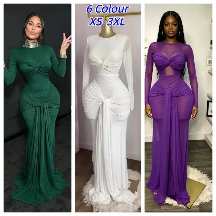 Robe de mariée élégante pour femme, en maille transparente, à manches longues, longue, avec nœud, ajustée, sexy, pour les vacances, les soirées en club, les soirées, les mariages