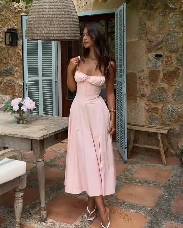 Sexy rose Corset Midi robe de soleil femmes à lacets fente robes femme pansement