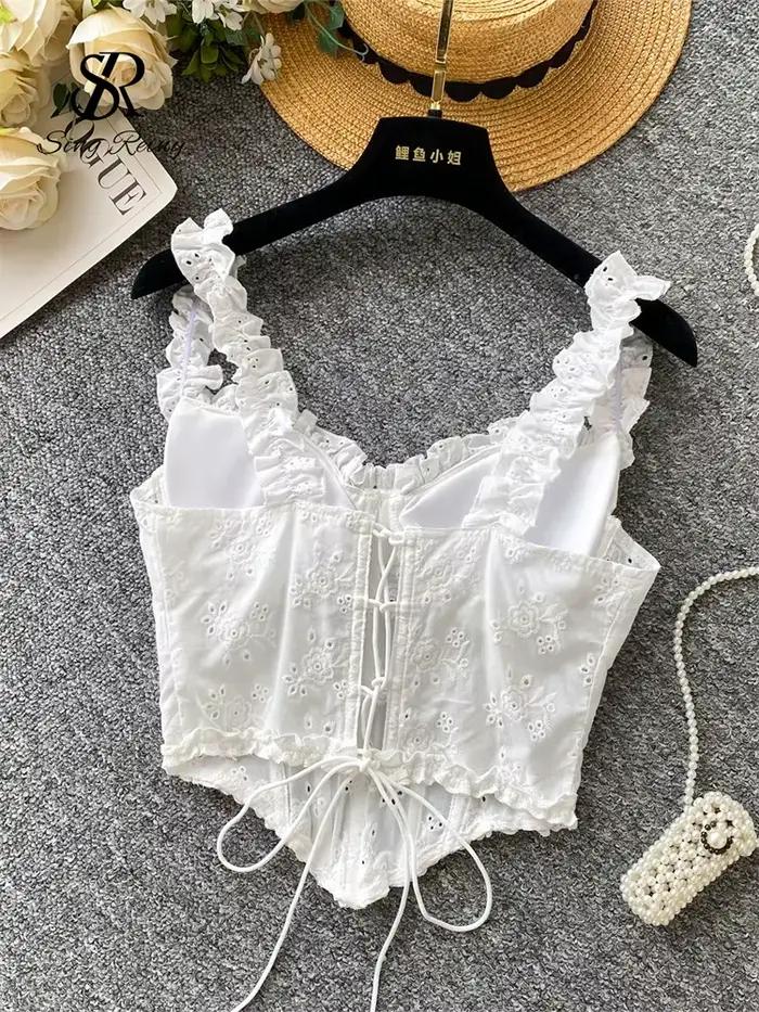 SINGREINY broderie florale Lingerie femmes sangle irrégulière Corset court débardeur sensuel français Hotsweet mince Sexy plage Camis