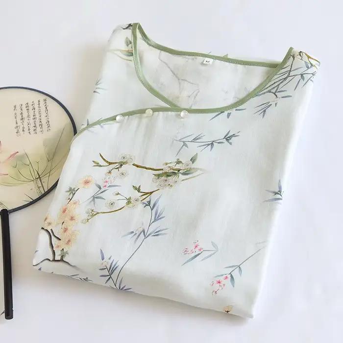 Chemise de nuit en coton et tissu bambou pour femmes, ample, surdimensionnée, couleur verte, Style National, vêtements de nuit, été