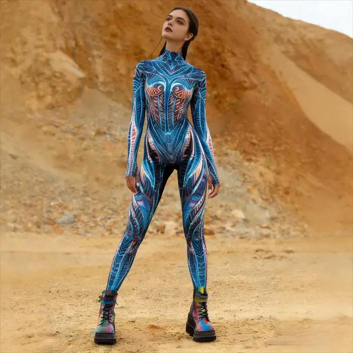 Combinaison sexy pour femme, style cyberpunk futuriste, armure mécanique, imprimé sirène, costume de cosplay fantaisie pour Halloween