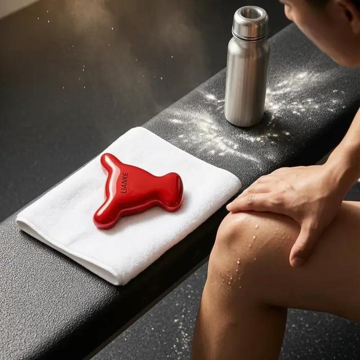 Outil de massage compact en fonte en forme de tête de taureau pour la thérapie corporelle, jaune et rouge