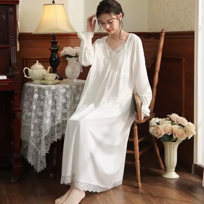 Chemise de nuit victorienne vintage pour femmes, dentelle brodée, style palais, robe de nuit princesse en coton doux, romantique, vêtements de détente français pour jeunes femmes automnales