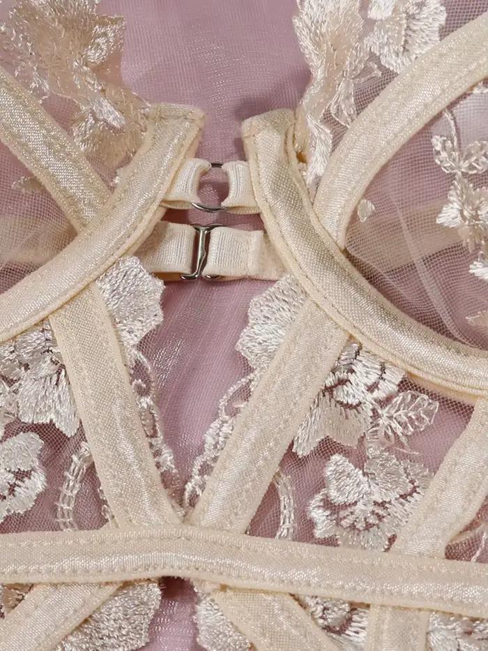 Combinaison brodée en dentelle pour femmes, maille Patchwork, transparente, Sexy, ajouré, sous-vêtements, jarretelles de couleur unie