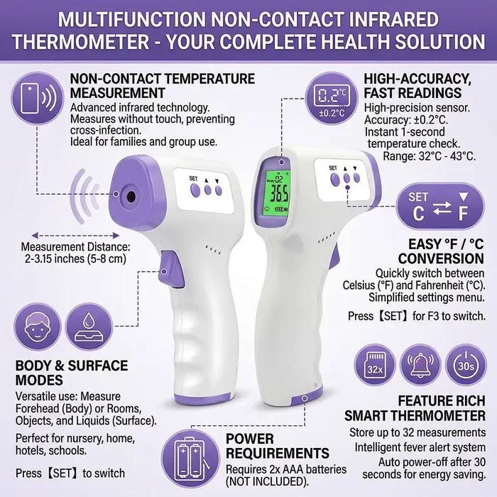 Thermomètre numérique infrarouge sans contact, thermomètre médical, outil de mesure de la température corporelle, thermomètre pour la fièvre humaine, thermomètre pour le corps