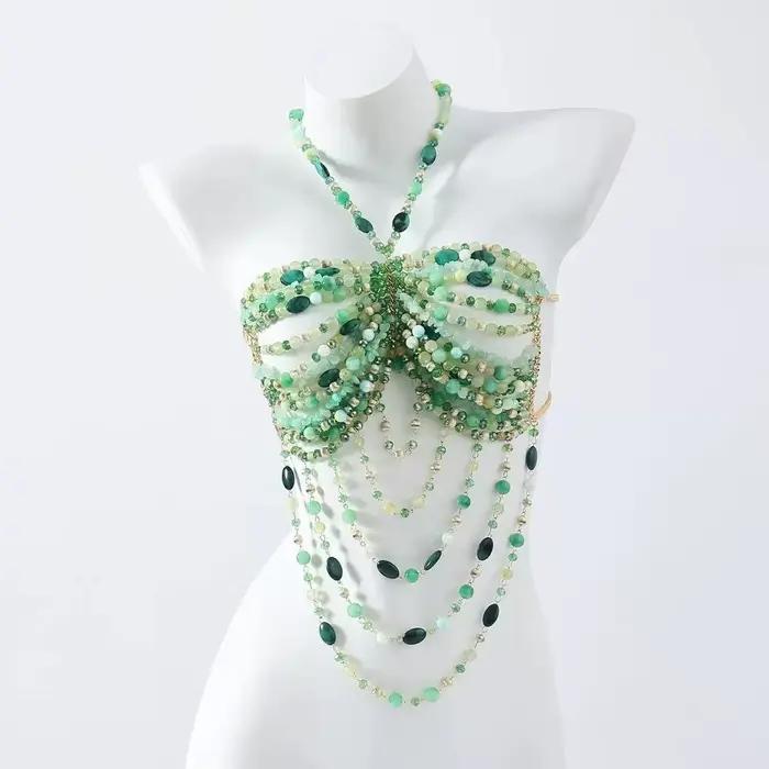 Bustier perlé pour femme, haut de bikini, vêtement de plage, lingerie, style club et rave, avec col en perles imposant