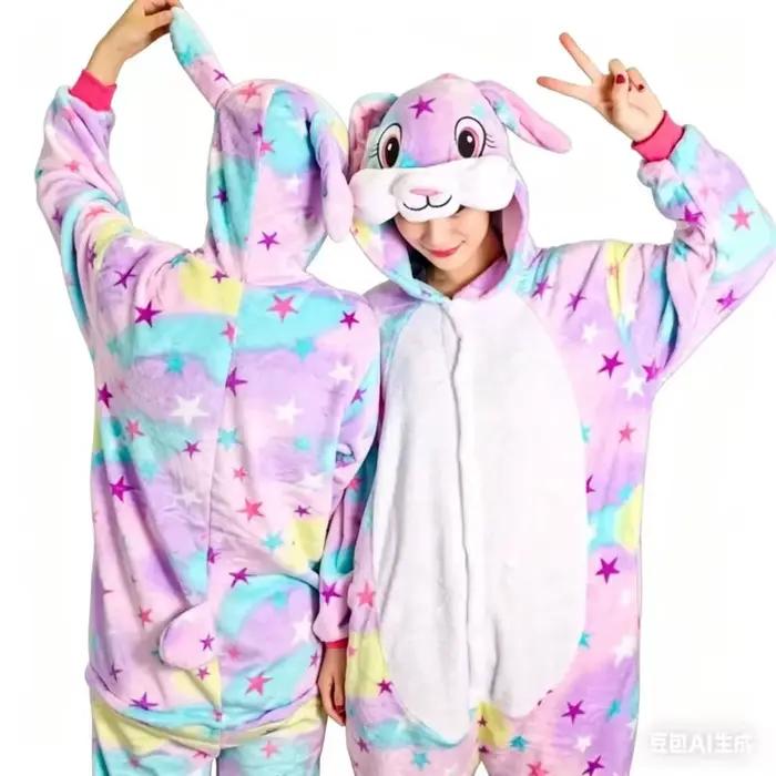Pyjamas familiaux assortis en forme d'animaux, combinaisons lapin étoile arc-en-ciel avec chapeau, vêtements de nuit doux et confortables pour adultes et enfants filles