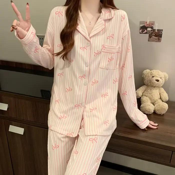 Pyjama Design Dtie avec nœud rose pour femmes, haut à manches longues et pantalon à taille élastique, ensemble Style Harajuku, décontracté, nouveau vêtement de maison