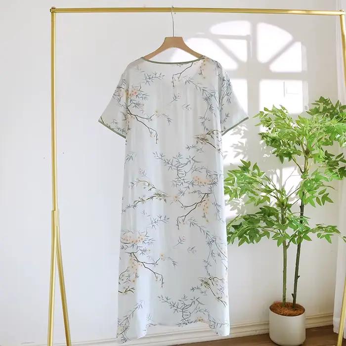 Chemise de nuit en coton et tissu bambou pour femmes, ample, surdimensionnée, couleur verte, Style National, vêtements de nuit, été