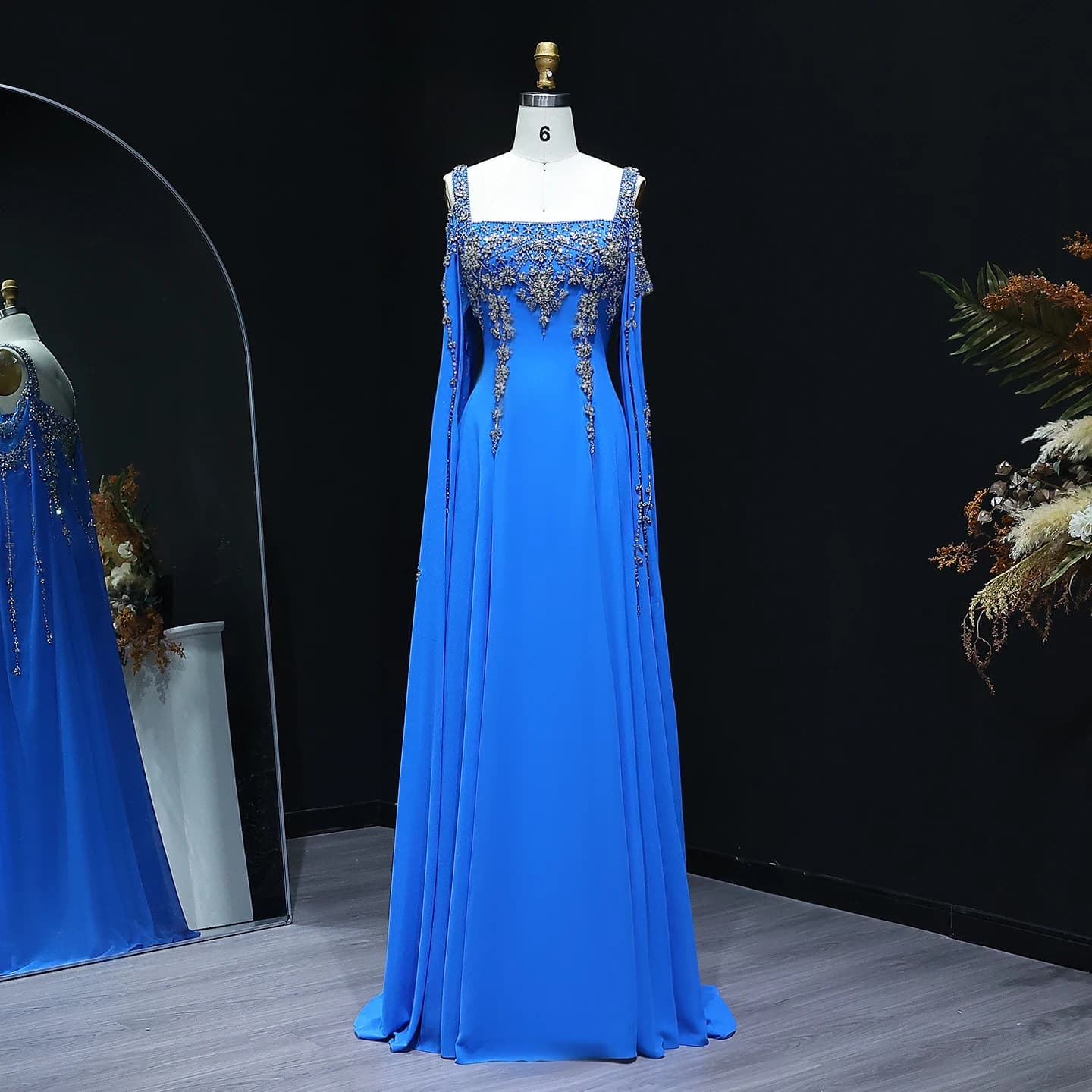 Sharon dit frappant cristal jaune luxe arabe robe de soirée avec manches Cape fluide robes de mariée