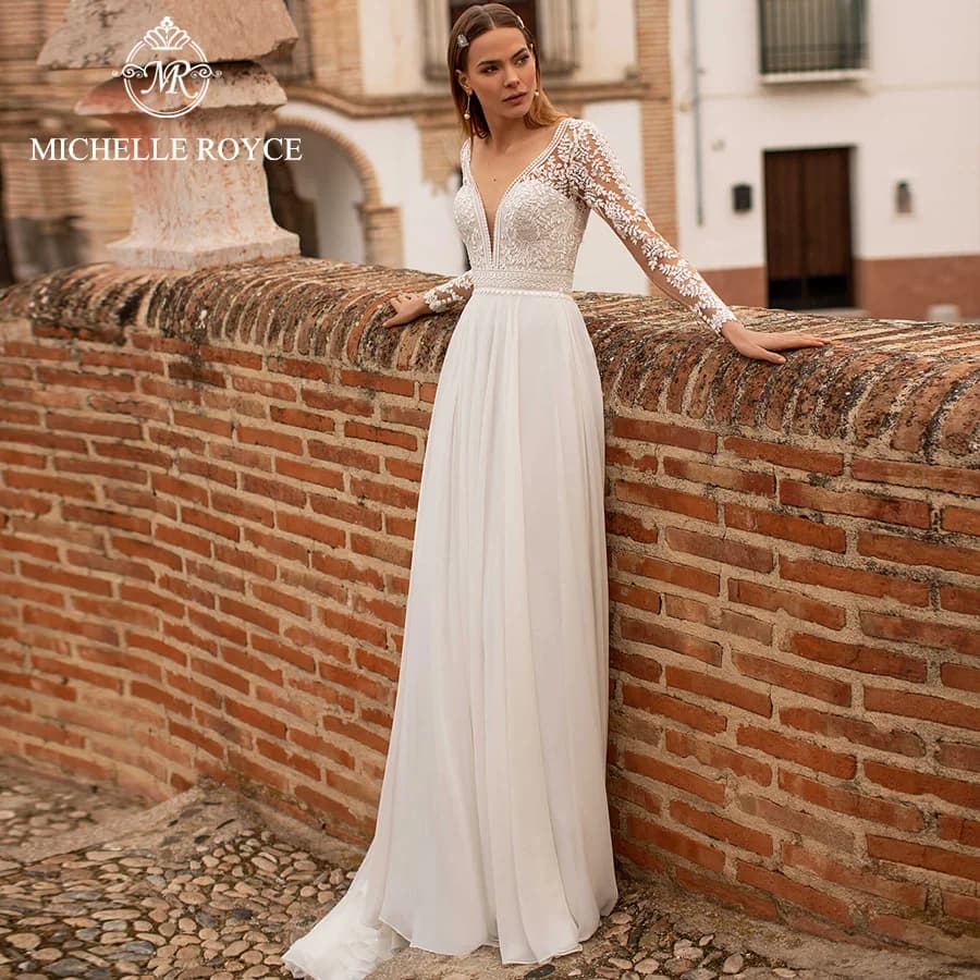 Michelle Royce A-Ling-Robes de mariée en dentelle, appliques décolleté, bouton découpé, train chapel
