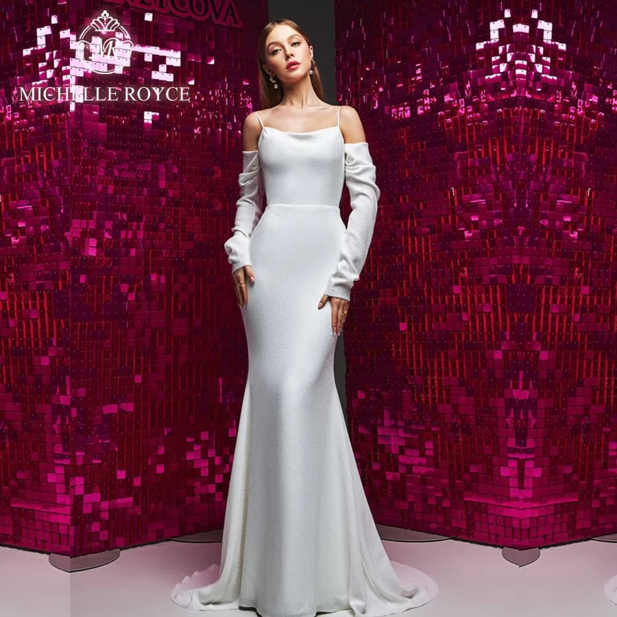 Michelle Royce a-ling robes De mariée Sexy col bateau bretelles Spaghetti dos nu élégant Court Train