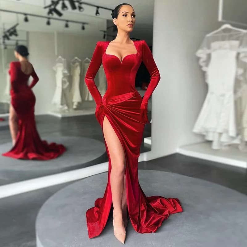 Sexy col en V à manches longues haute fente longue robe Maxi boîte de nuit bal robes de fête de mari