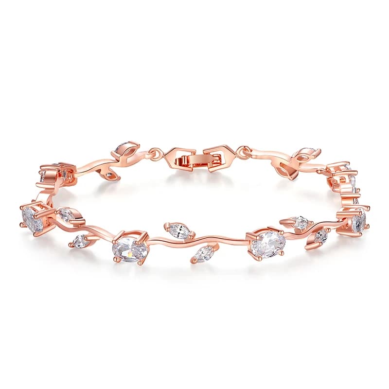 BAMOER – Bracelet chaîne et maillons en forme de feuille de couleur or Rose, avec Zircon AAA rouge +