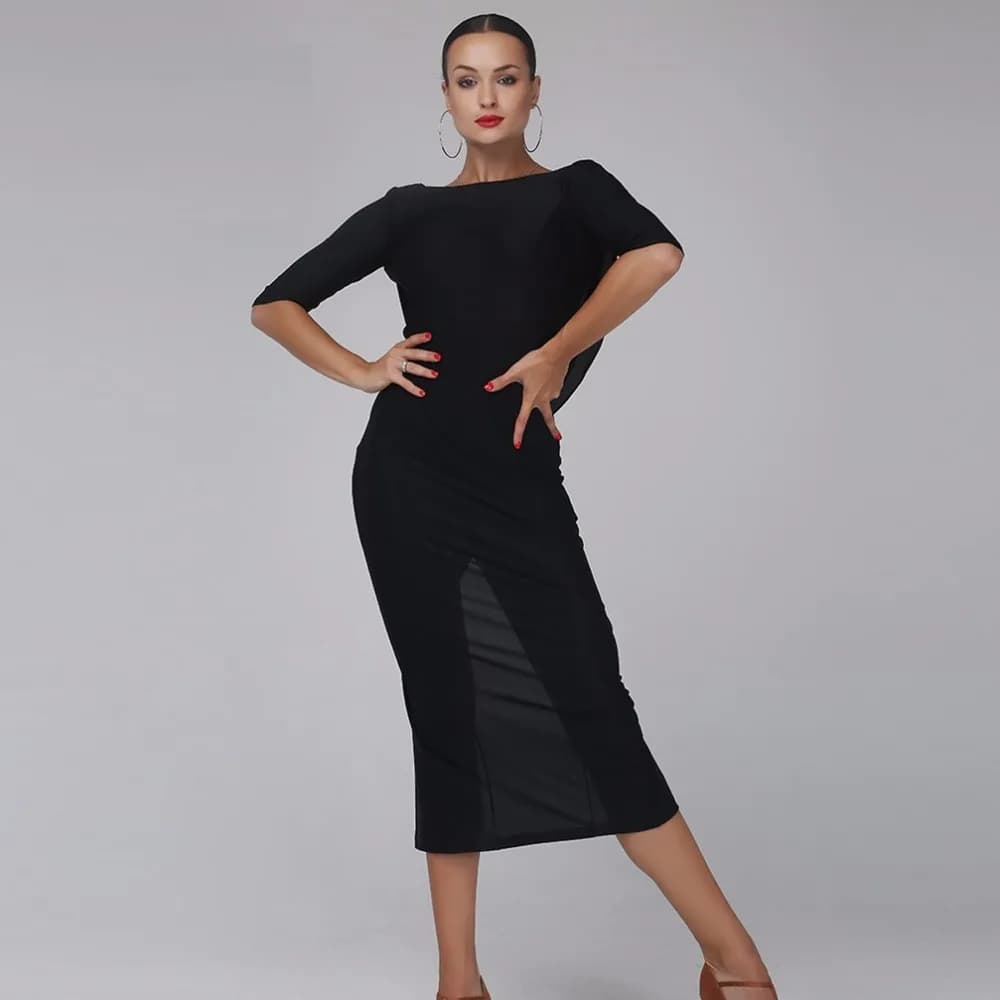 Robe de danse latine dos nu noire pour femme, vêtements de danse, vêtements de scène, robe de salsa