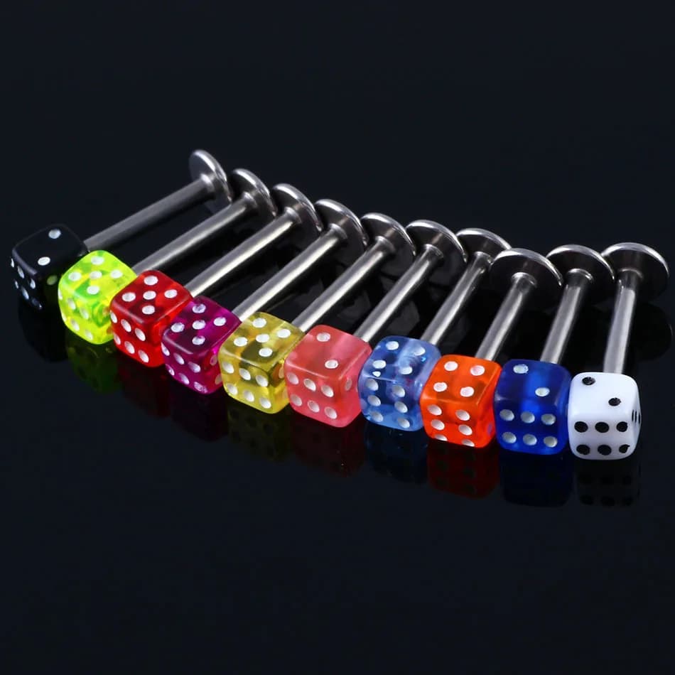 2 pièces/lot 1.2*8 + 3mm dés acrylique lèvre Piercing 16G couleur bonbon Labret Piercing Stud Tragus
