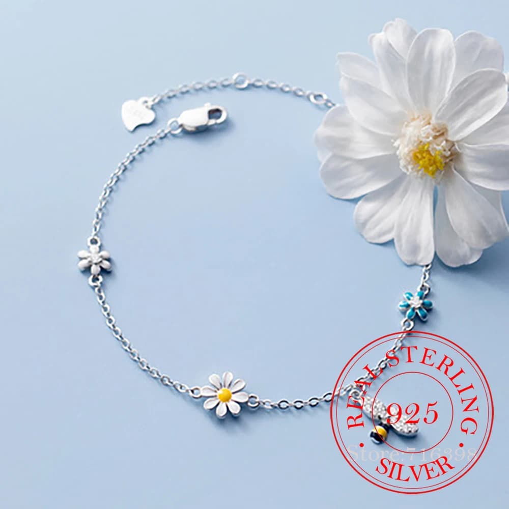 Bracelet à breloques marguerite abeille en argent Sterling 925 pour femmes et filles, Bijoux tendanc