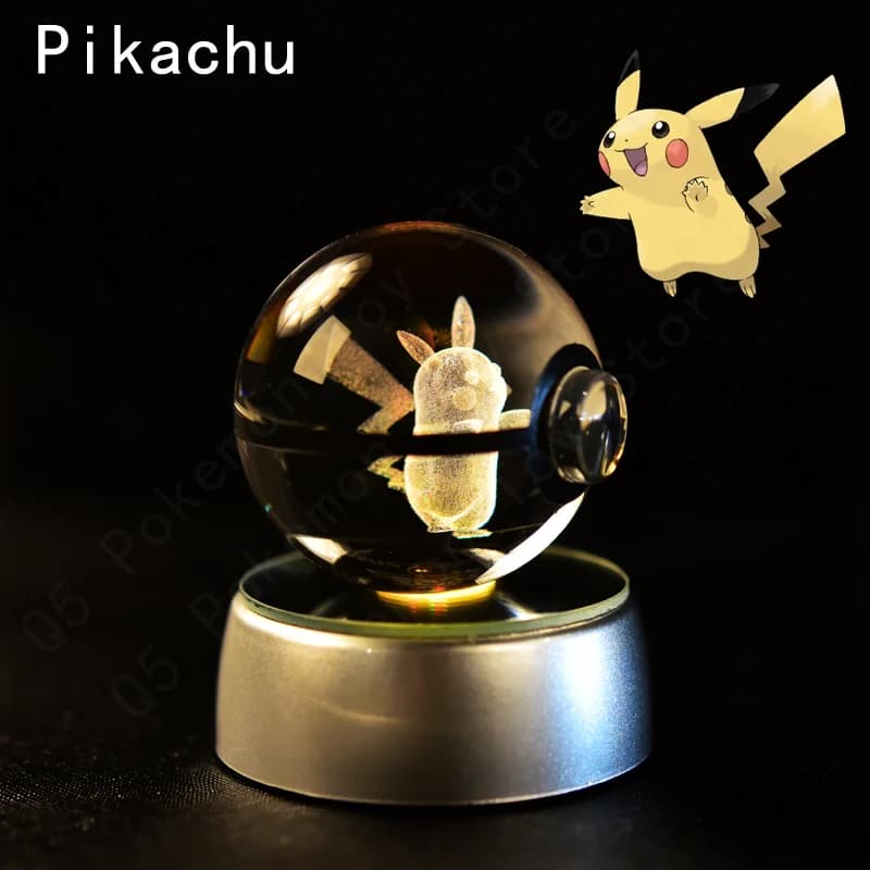 Boule de cristal Pokemon 3D Pikachu Mewtwo Mew Gengar, Base de lampe veilleuse, boule de verre Pokeb
