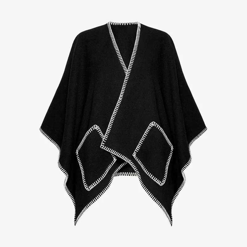 Poncho tricoté pour femmes, coutures contrastées blanches, ourlet asymétrique, manteau surdimensionn