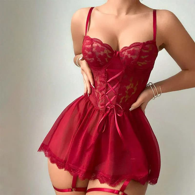 Ensemble de lingerie rouge érotique, robe de nuit transparente, lingerie féminine, ensemble de 3 piè