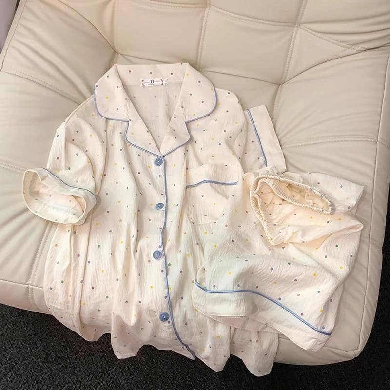 Ensemble pyjama en coton imprimé à pois pour femmes, haut à manches courtes et short, 2 pièces, déco
