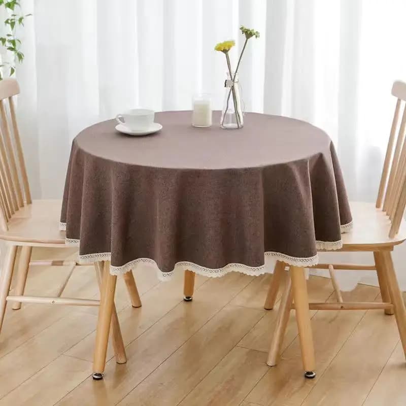 Nappe ronde de couleur unie avec dentelle, en coton et lin, bleu/rouge/gris/rose, couverture de déco