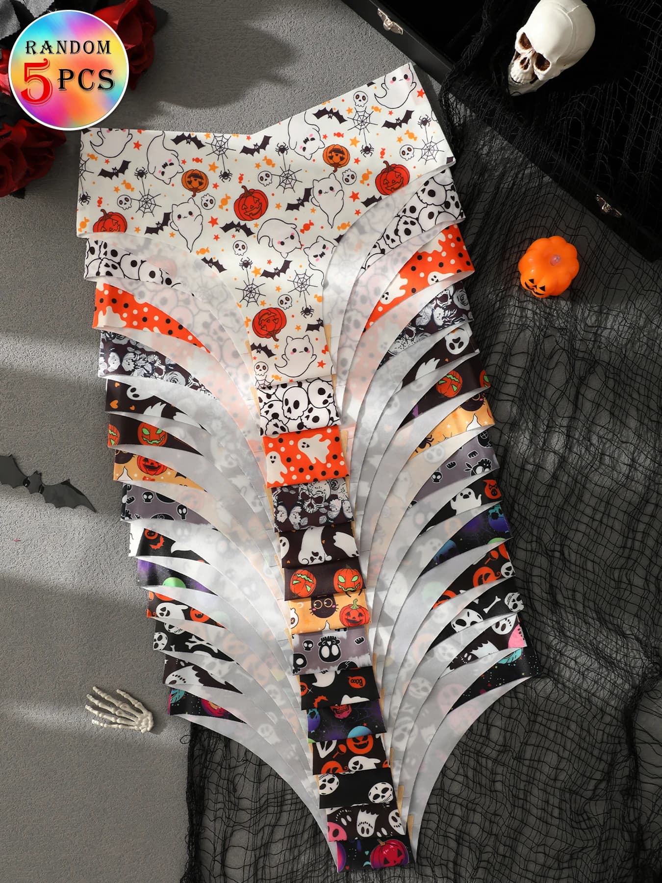 Lot de 5 culottes pour femmes à imprimé Halloween en forme de coquille Saint-Jacques, couleurs aléat