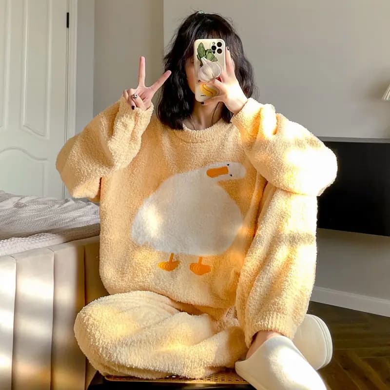 Ensemble de pyjama en velours à col rond pour femme, mignon, canard, glouton, décontracté, mode, vêt