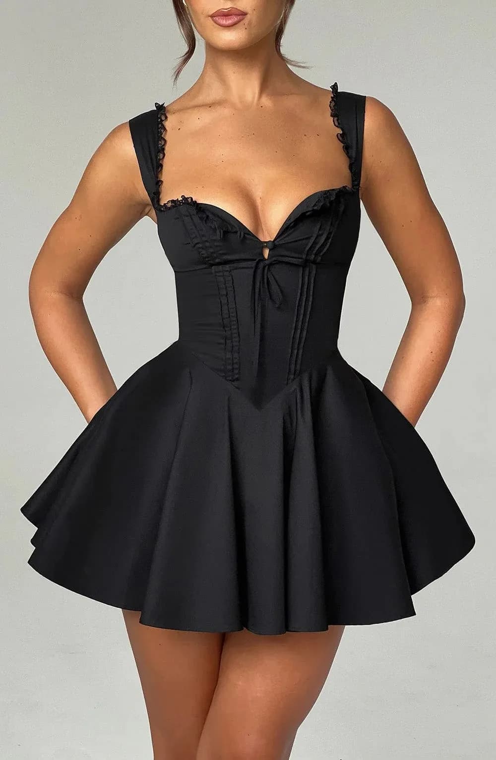 Nouvelle Robe Courte Femme Sexy en Dentelle Style Corset Vintage Boutonnée Mini Robe d'Été Vêtements