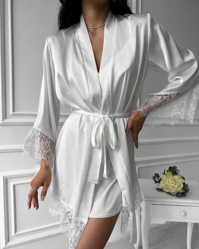 Femmes Sexy Robe de nuit Robe col en v Satin dentelle peignoir demi manches chemise de nuit femme fr