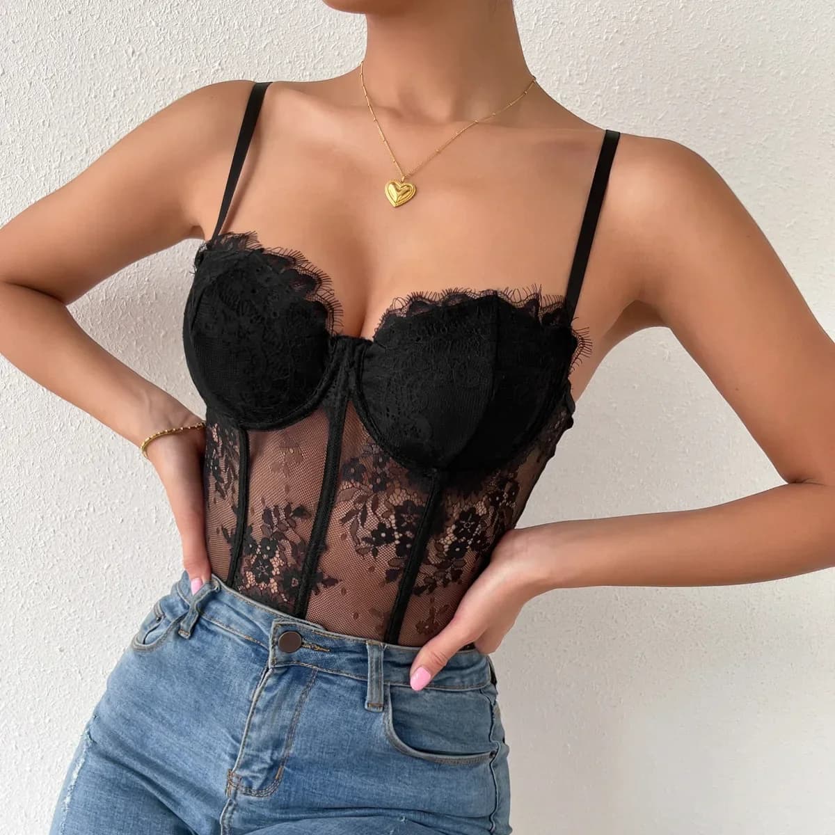 Corset Sexy en Dentelle Noire Transparente pour Femme, Streetwear à la Mode, Crop Top Précieux, Halt