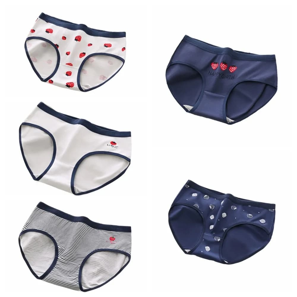 Lot de 5 Culottes Femme et Fille à Rayures, Motif Cœur, Nœud et Fraise, Taille Basse