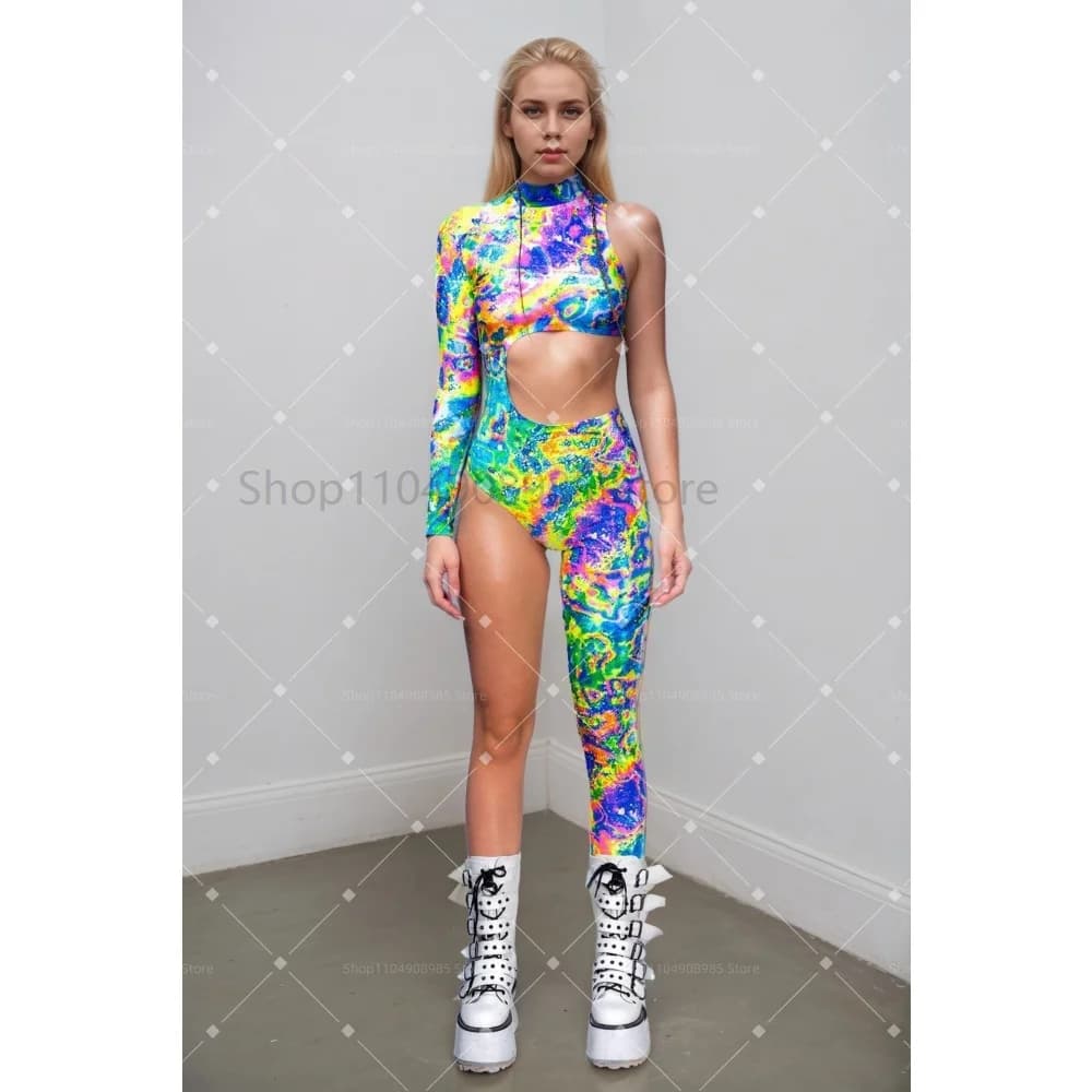 Costume asymétrique Cyberpunk pour femmes, combinaison arc-en-ciel colorée, Costume de spectacle pou