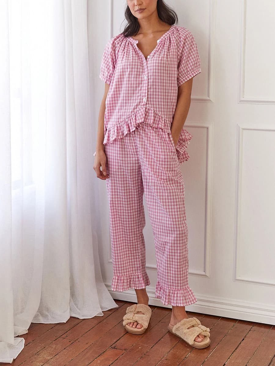 Pyjama à carreaux à manches bouffantes sur le devant pour femmes, chemise nuisette, pantalon vichy, 