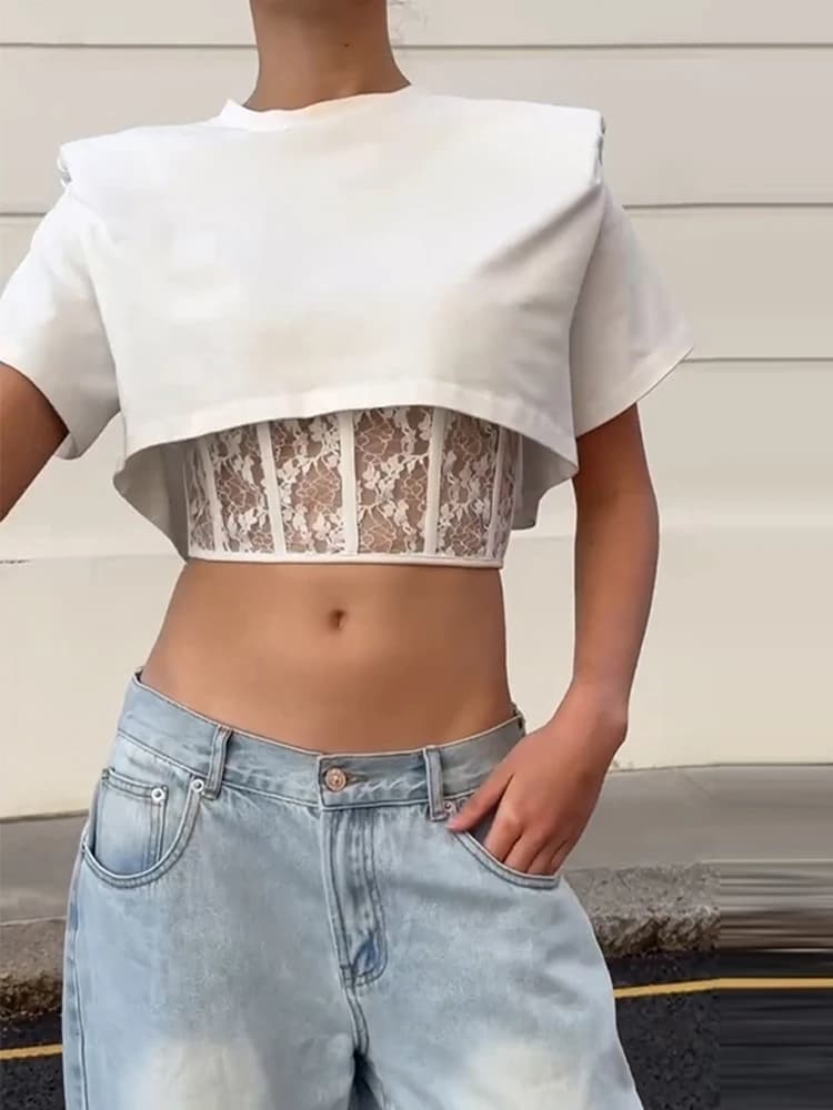 Nouvel ensemble 2 pièces sexy pour femme : Corset court à patchwork de dentelle, col rond, manches c