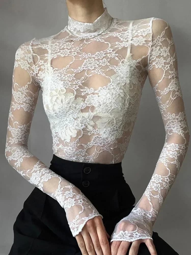 Chemisier Sexy en dentelle pour femmes, chemises d'été à col roulé, manches longues, transparent, Pa