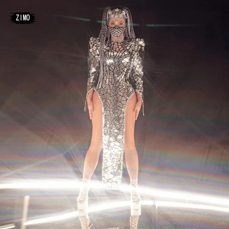 Robe fendue à paillettes miroir argentées, robes de soirée, manches longues, boîte de nuit, fête d'a