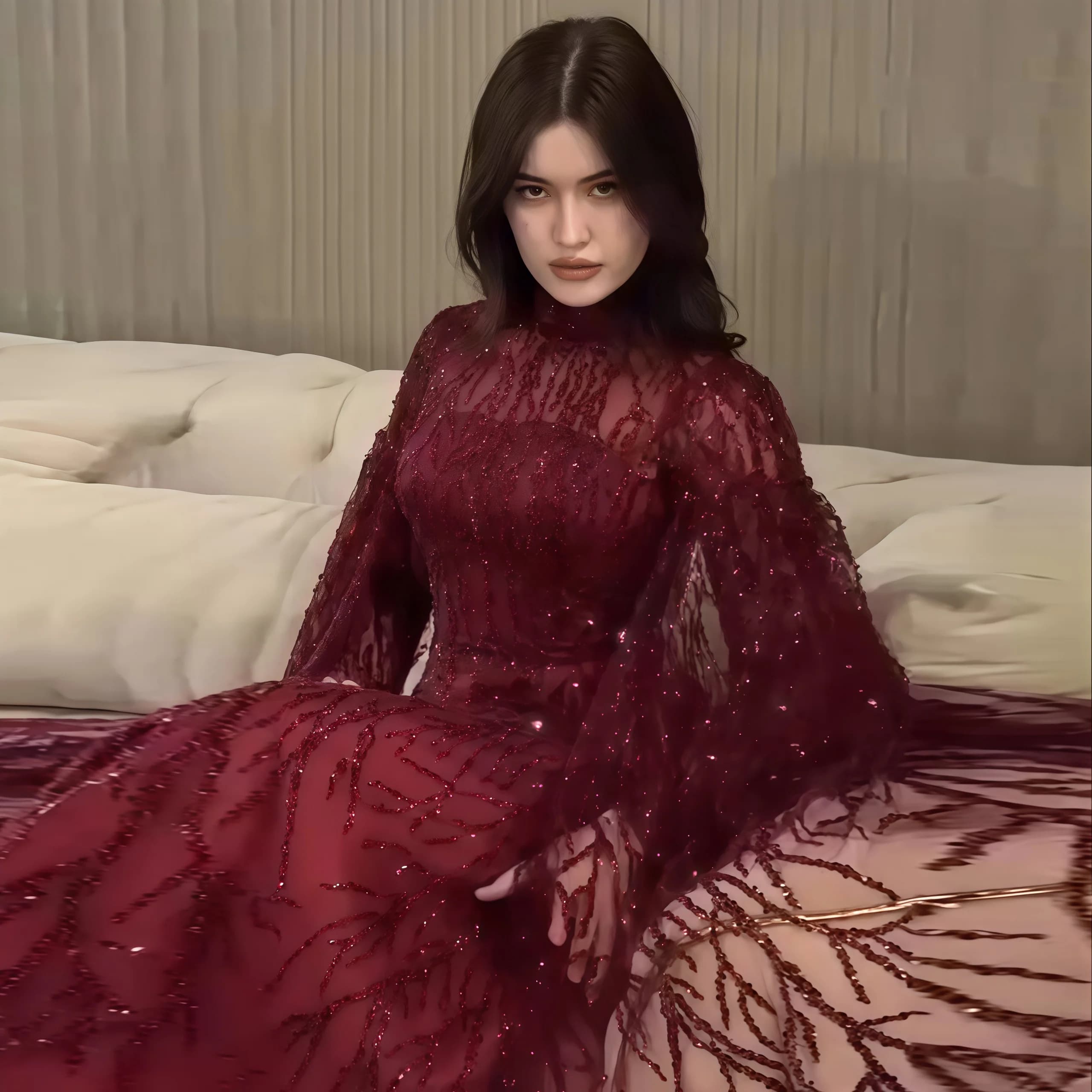 Robe de soirée de luxe Sharon Said bordeaux à col montant avec manches cape, rose poudré, pour femme