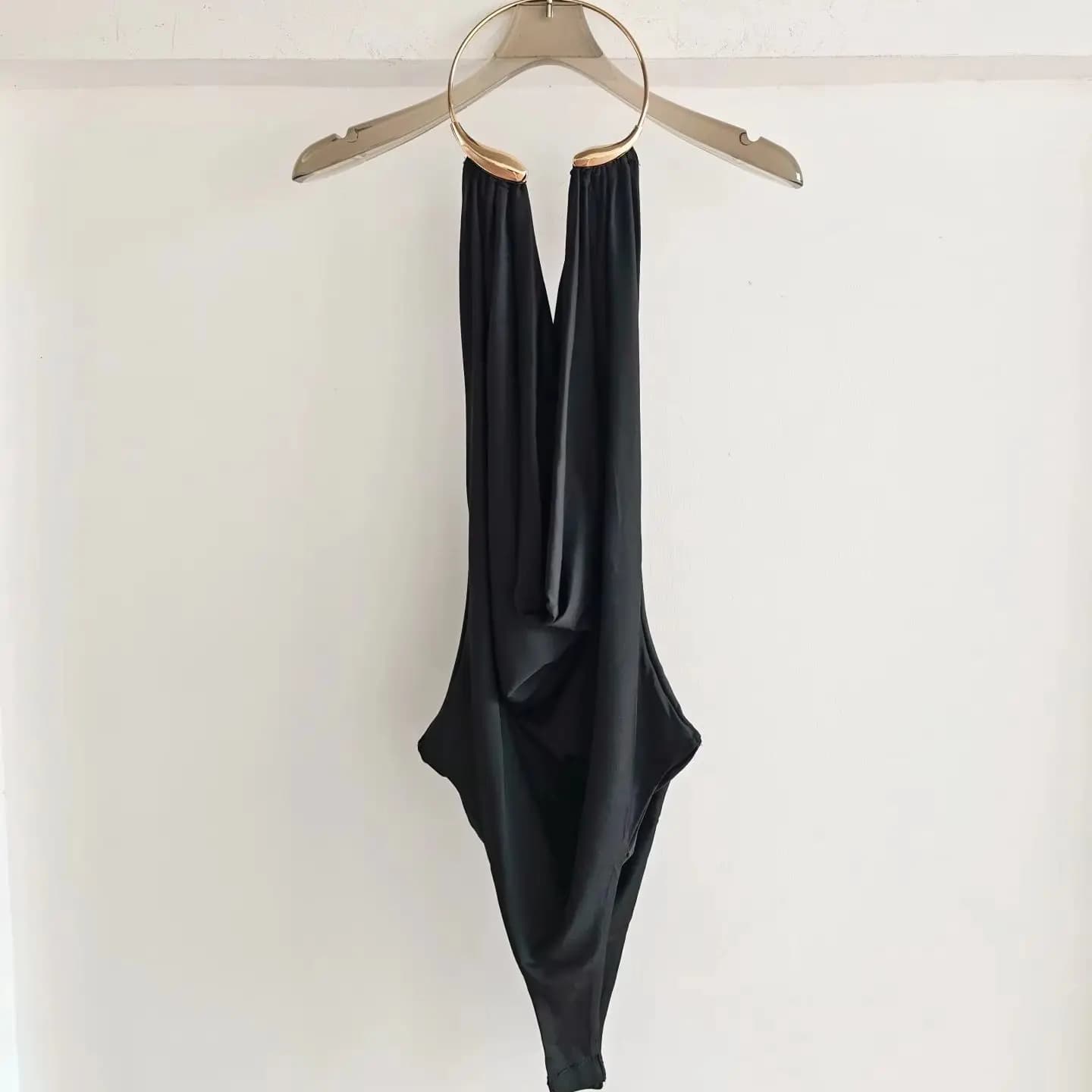 Body Halter Doré pour Femme, Col Drapé, Dos Nu, Sans Manches, Coupe Ajustée, Élégant, pour Soirée et