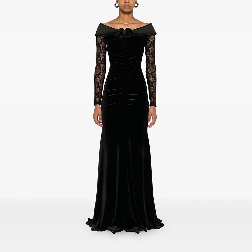 Robes de soirée noires simples, épaules dénudées, manches longues, robes de bal élégantes longues ju