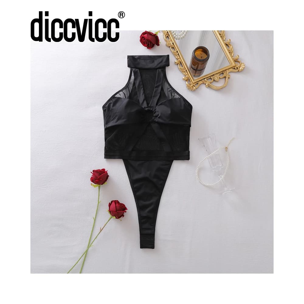 Diccvicc Bodies Combinaison Femme Halter en Maille Transparente, Lingerie Sexy, Robe de Nuit Érotiqu