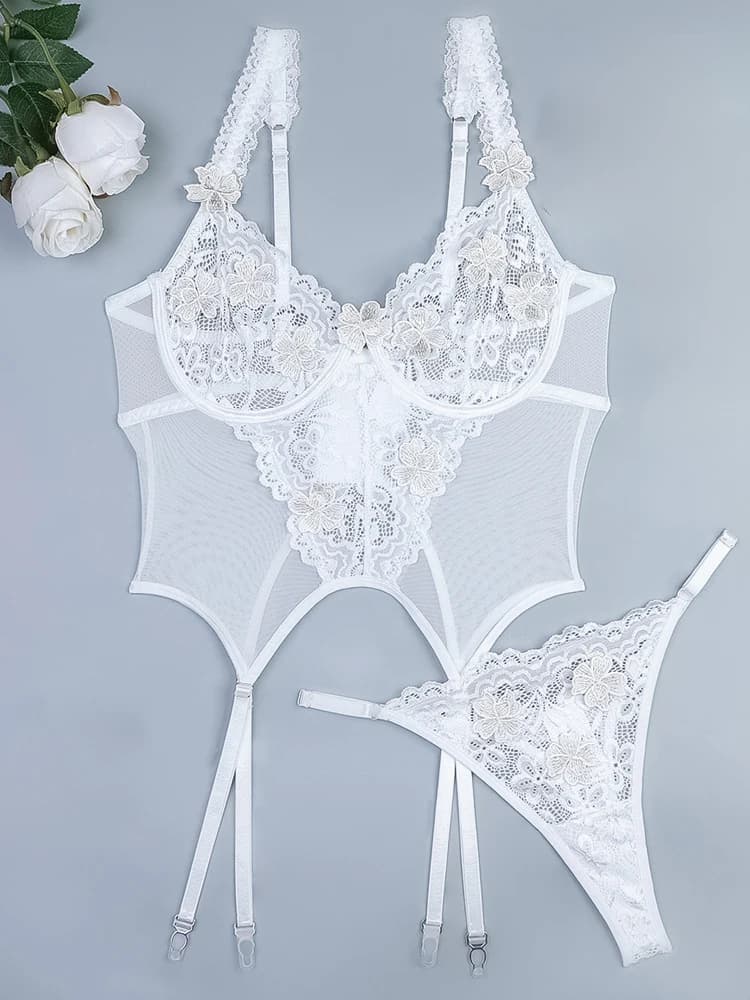 Belamimi – Lingerie florale brodée, ensemble haut et culotte sexy en dentelle transparente avec appl