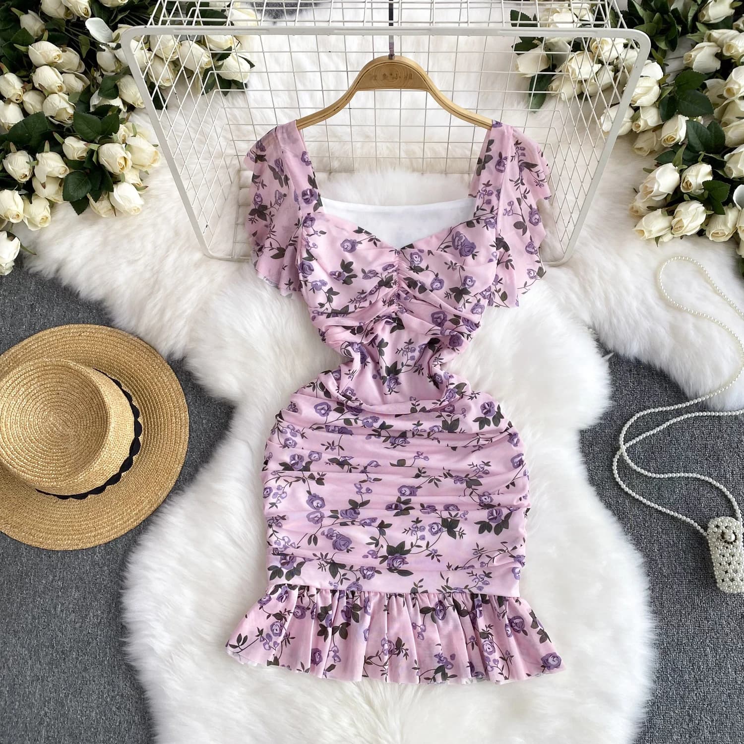 Foamlina-Mini robe plissée à volants pour femme, imprimé floral, manches courtes, col en V, mode est