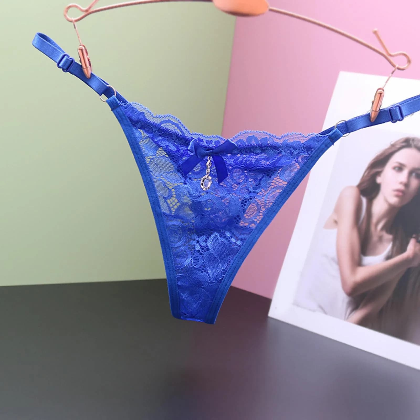 String en dentelle transparente pour femmes, sous-vêtement en maille avec nœud à taille réglable, cu