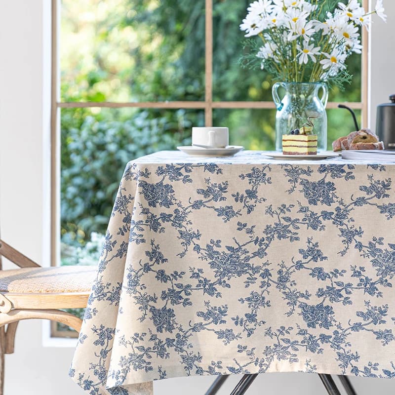 Nappe pastorale florale bleue, couverture de table rectangulaire en lin de coton vintage pour dîner 