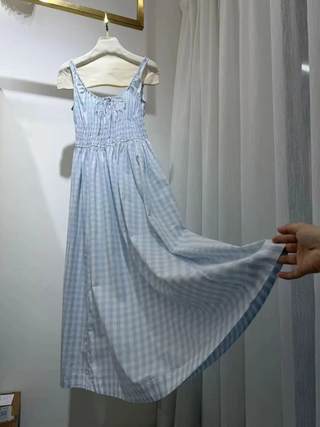 Robe midi en coton 100% pour femme, à carreaux bleus, avec cordon de serrage, col en U, taille élast